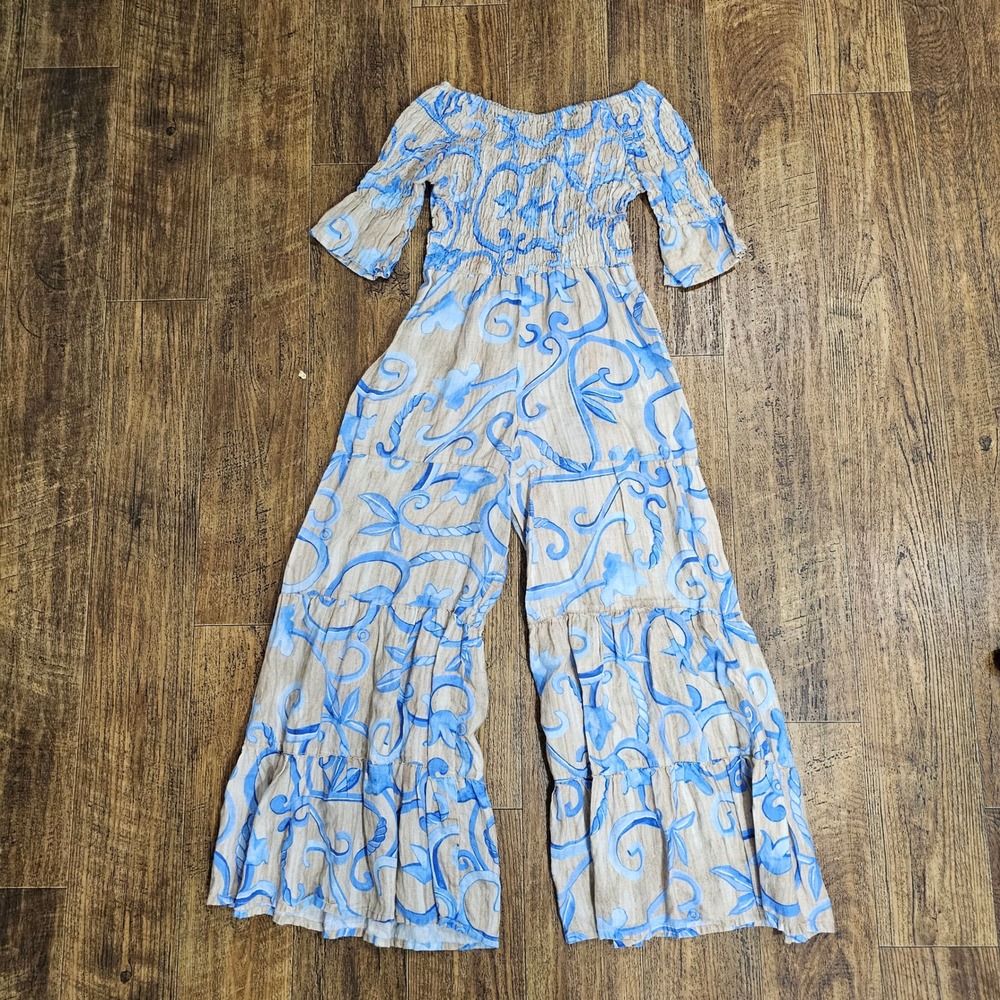 Casa Mastro Positano Linen Jumpsuit Blue Scroll Print Smocked Wide Leg Italy M